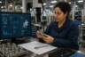 Mitarbeiterin in der Qualitätskontrolle prüft ein Bauteil mit Unterstützung datenbasierter Analysen.